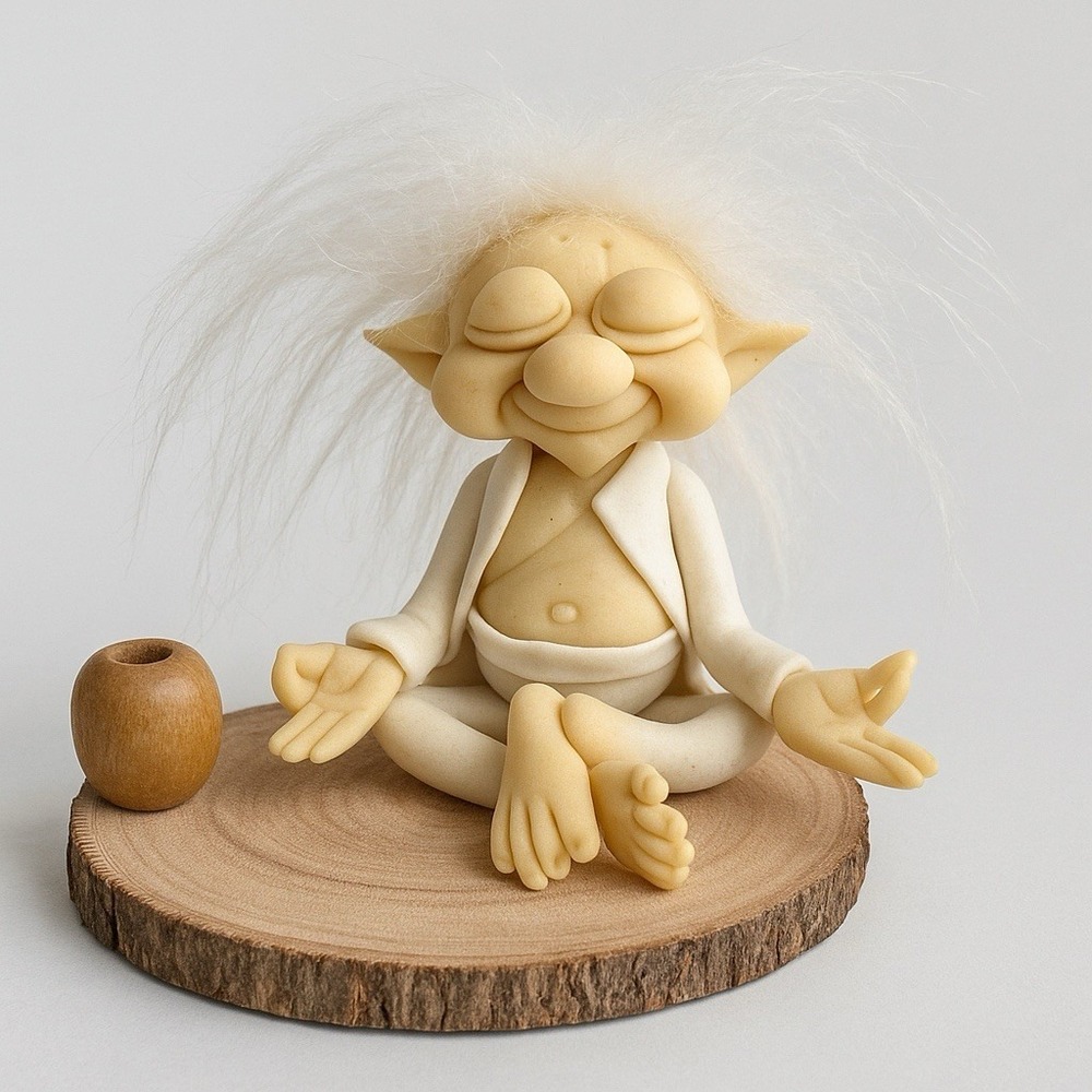 NWT Porcelain Meditating Gnome Incense Burner on Wood Base Folk Art White Hair
